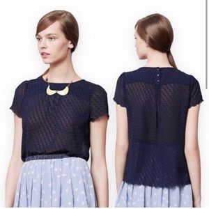 Anthropologie Maeve Sheer Polka Dot Scallop Hem Navy Top size 2